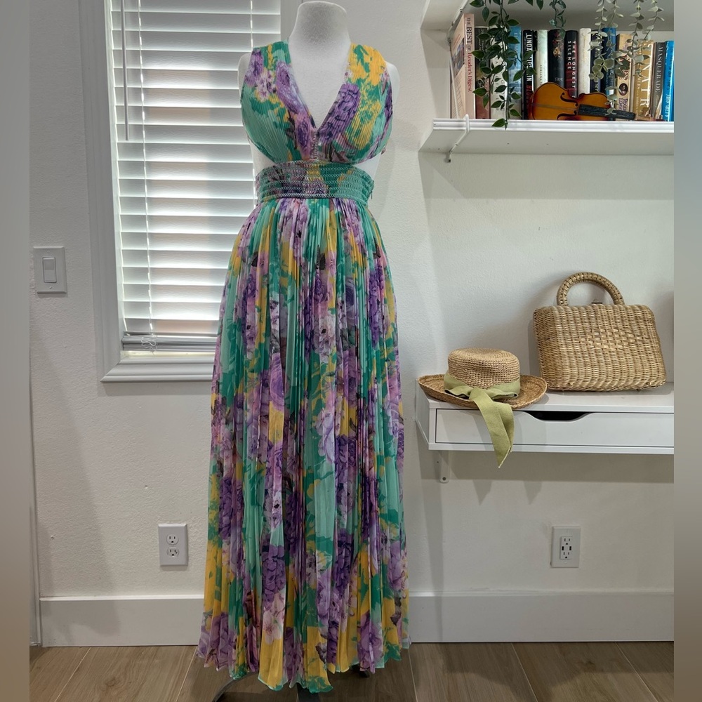 Rococo Sand Floral pleated Maxi Dress with Halter Neck